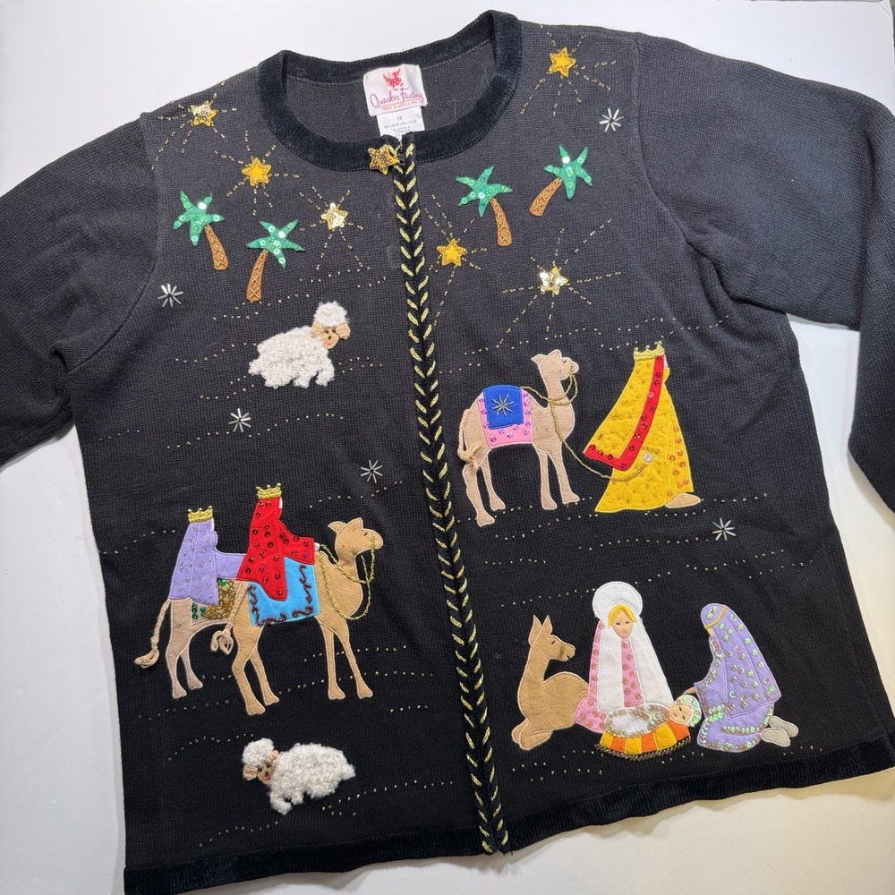 Quacker Factory Nativity Scene Christmas Cardigan 1X Zip Front Embellished